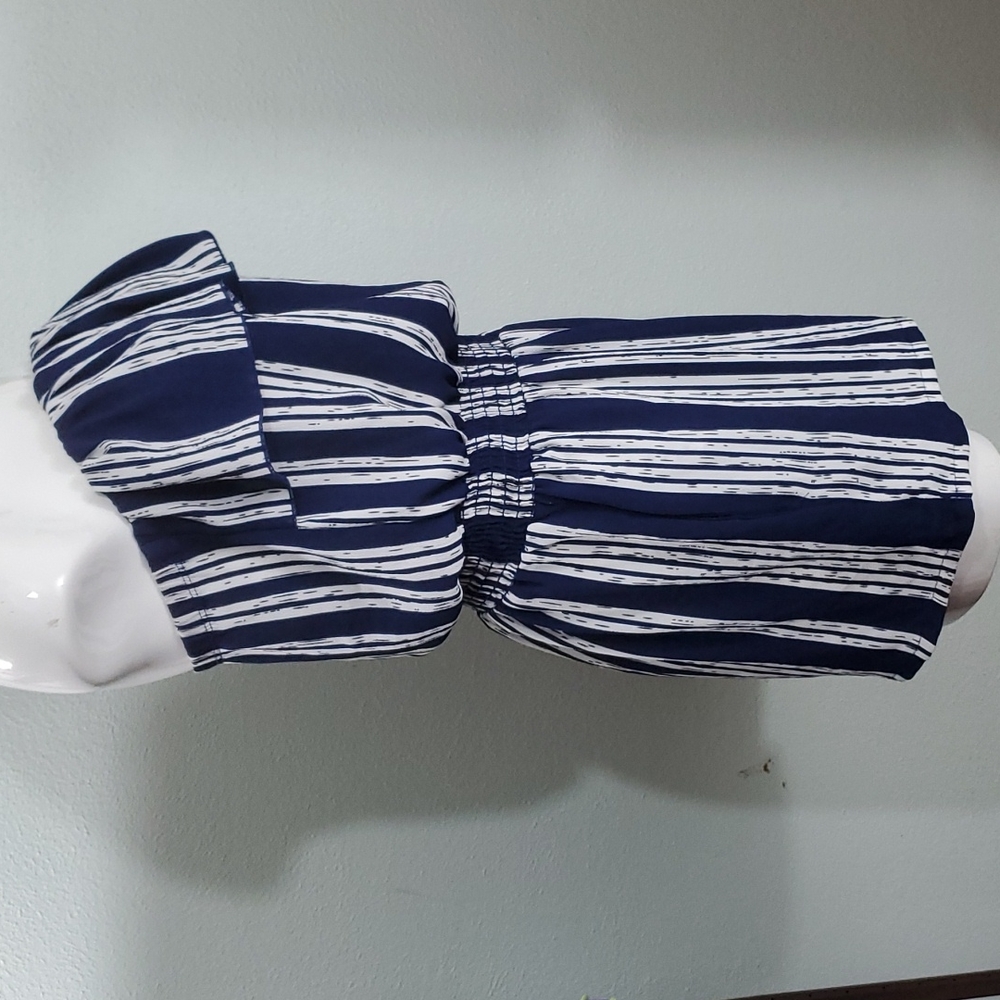 Charlotte Russe Womens Strapless Blue/White Stripe Romper-Ruffle-Pockets-EC-Sz M - Picture 7 of 11